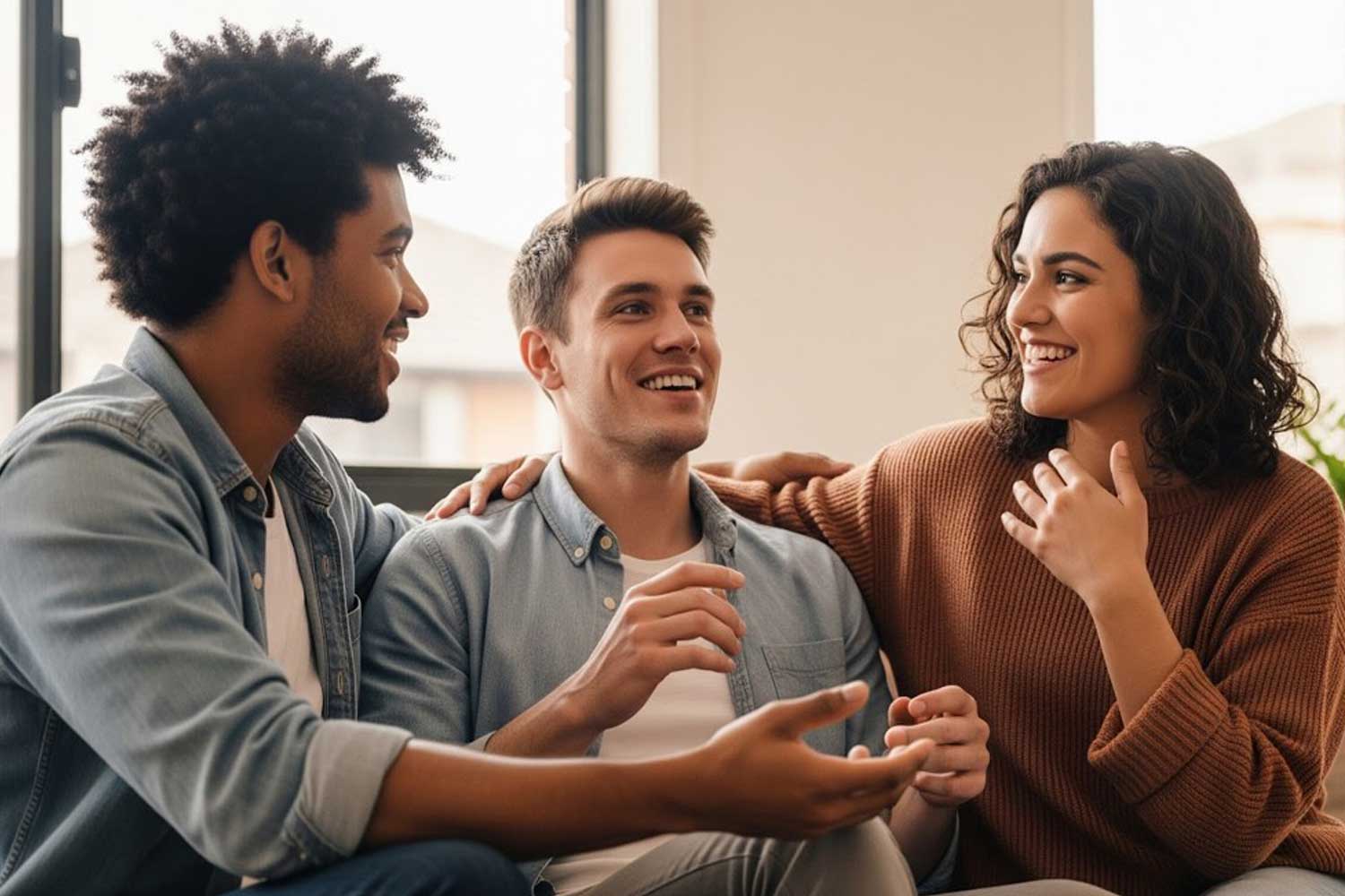 three beautiful people enjoying a relaxed and meaningful conversation